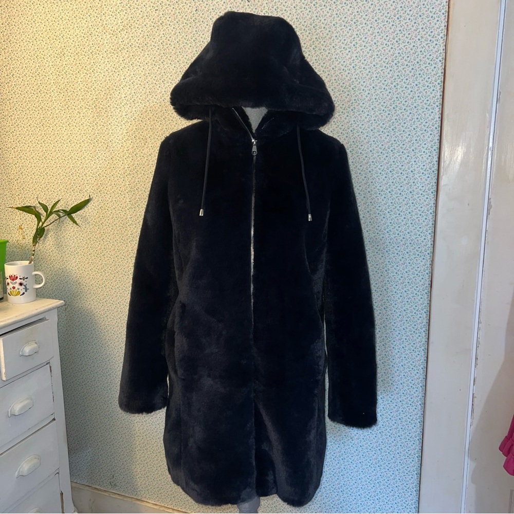 Rachel Zoe Women's Faux Fur Navy Blue Hooded Jacket Coat Size XS NWOT